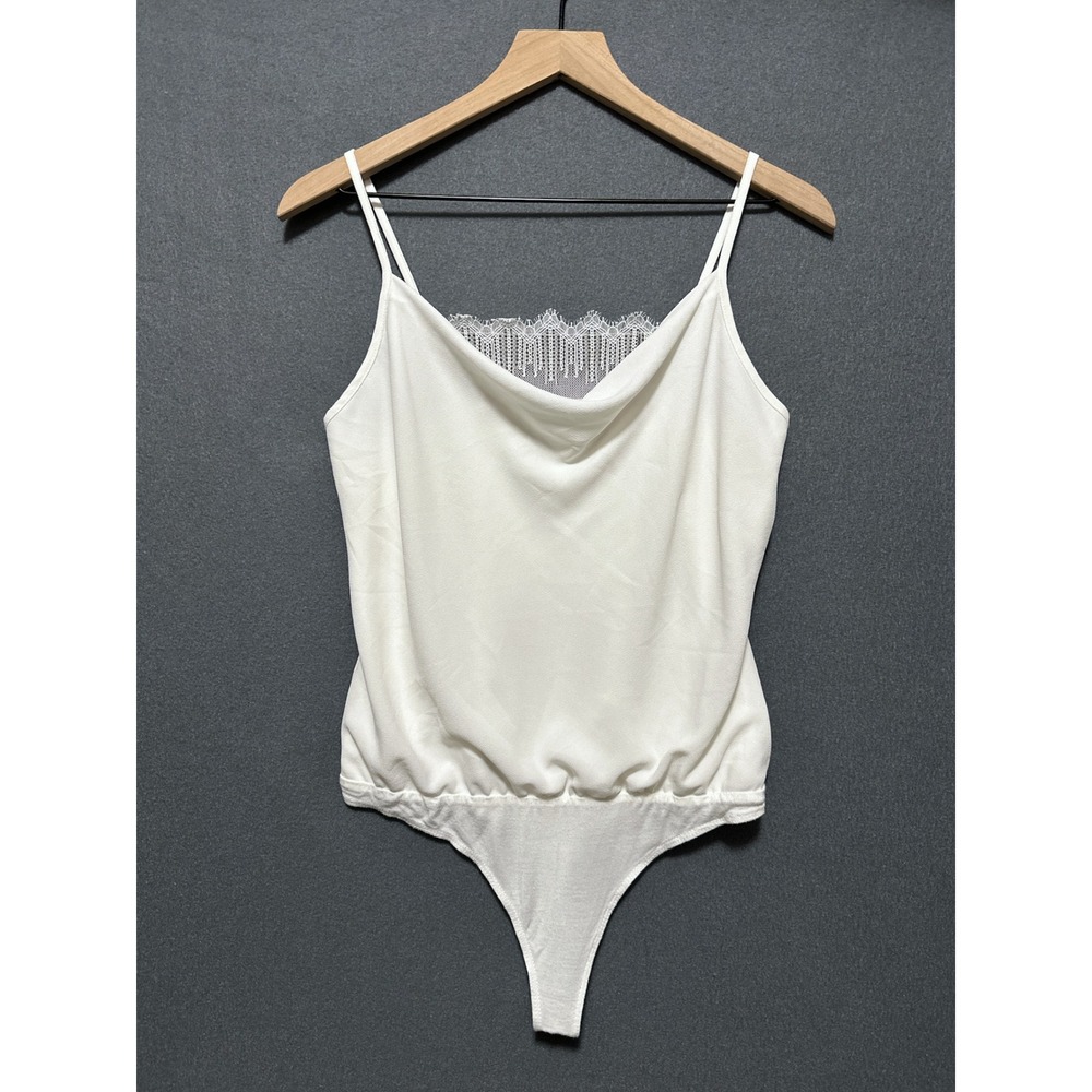 Bailey 44 White Lace Trim Cowl Neck Bodysuit Small Spaghetti Strap USA Elegant